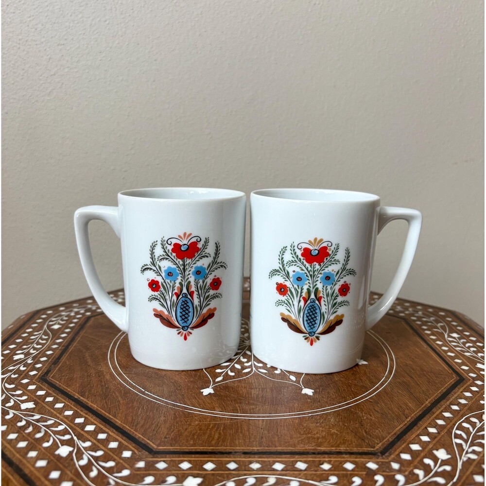 Vintage Pair Of Berggren Scandinavian Coffee/Tea Mugs Rosemaling